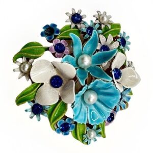 Vintage Enamel Flower Brooch Blue Rhinestone Bouquet Pin Unsigned Metal Flowers